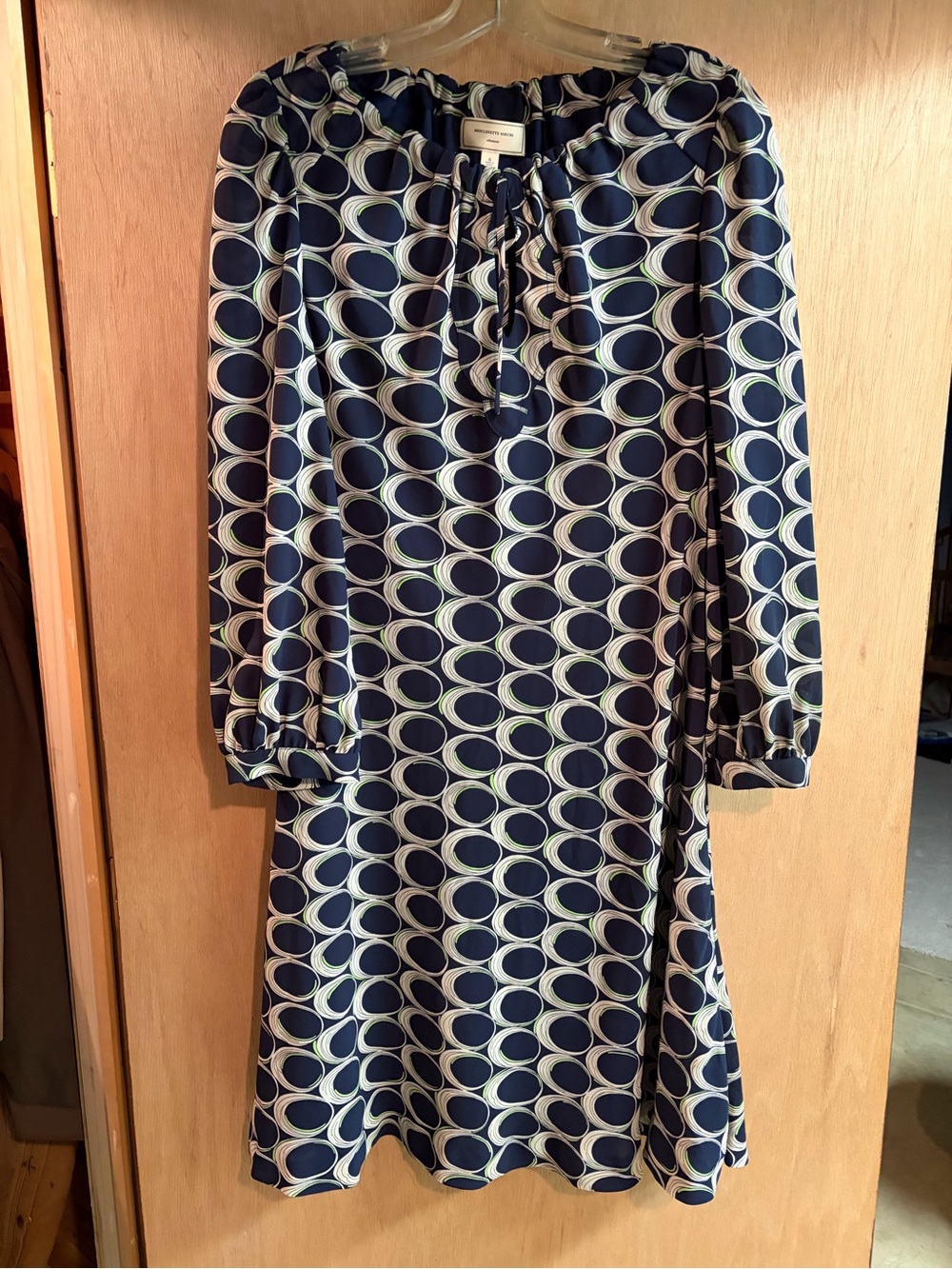 Moulinette Soeurs Navy and Ivory Circle-Print Tie-Neck Dress size 6